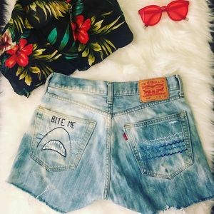 Upcycled Levi cut off shorts with embroidery
